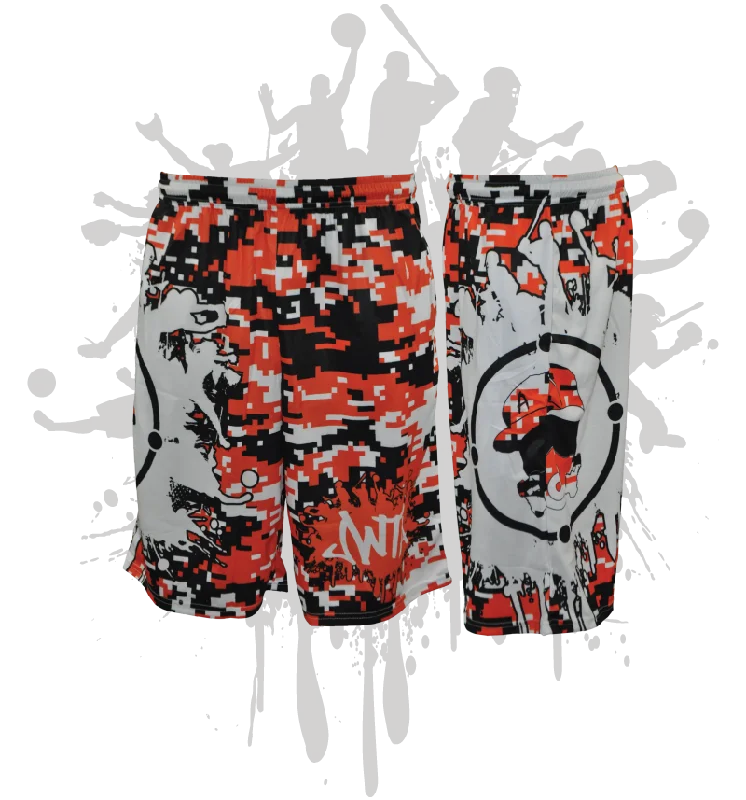 Modern Denim Splatter Splash Digital Camo Mens Full Dye Shorts Orange/Black/White