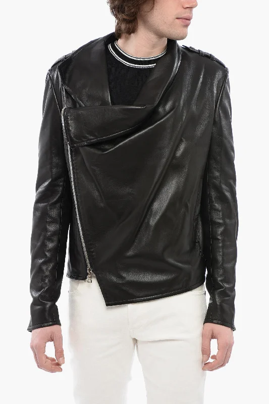 Preppy Style Balmain Front Draped Leather Jacket With Decentralized Zip