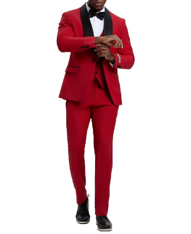 Modern Menswear Stacy Adams Red 3 Piece Hybrid Fit Tuxedo Satin Shawl Lapel