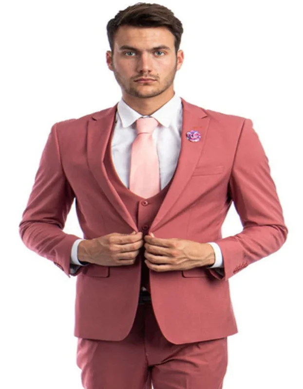 Classic Blazers Men's One Button Peak Lapel Solid Vest in Coral Pink Slim Fit Suit