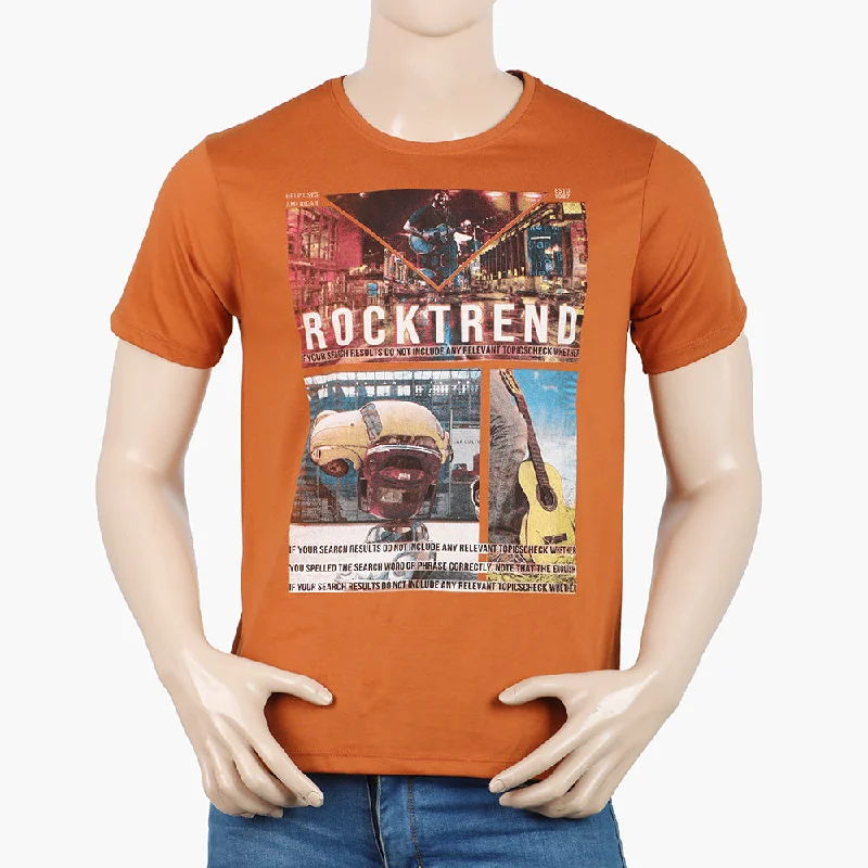 Light Jackets Men's Round Neck Half Sleeves Printed T-Shirt - Rust