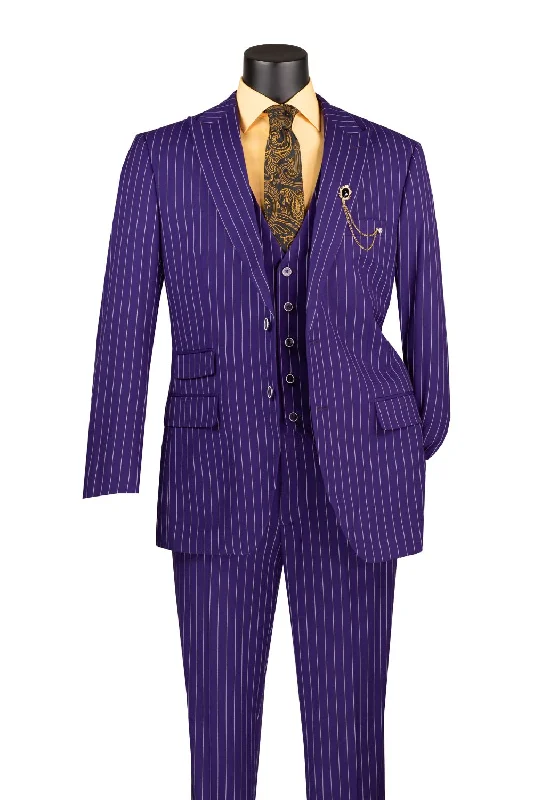 Fashion Sneakers Odyssey Collection - Purple Regular Fit 3 Piece Suit 2 Button Gangster Stripe