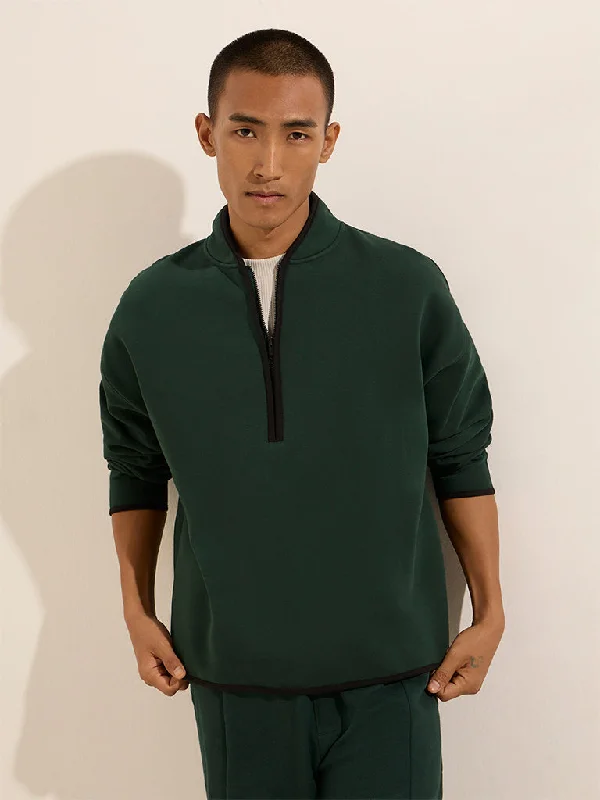 Layered Outfits Studiofit Dark Green Solid Relaxed-Fit Cotton-Blend Sweatshirt