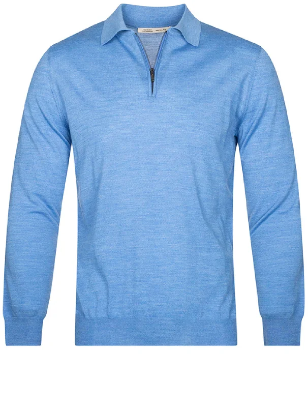 Street Style Long Sleeve Polo Zip Light Blue