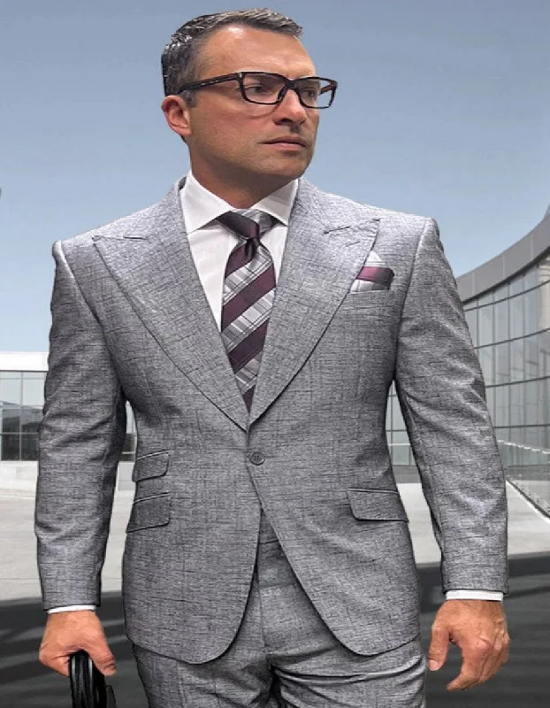 Fleece Jackets Mens 3 Piece 100 Percent Wool Suit - Affordable Italian Super 150's Fabric in Plaid Texture Fabric in Color Light Grey - Online Special