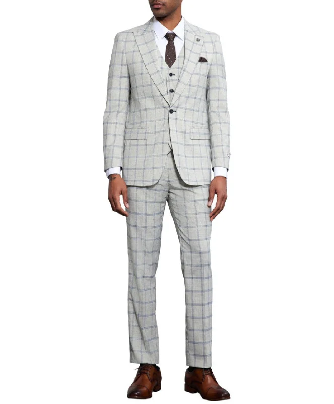 Graphic Sweatshirts Stacy Adams 3 Piece Windowpane Suit Hybrid Fit in Light Grey