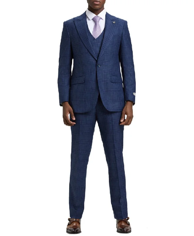 Stylish Trousers Stacy Adams Blue 3 Piece 2 Button Plaid Peak Lapel Suit