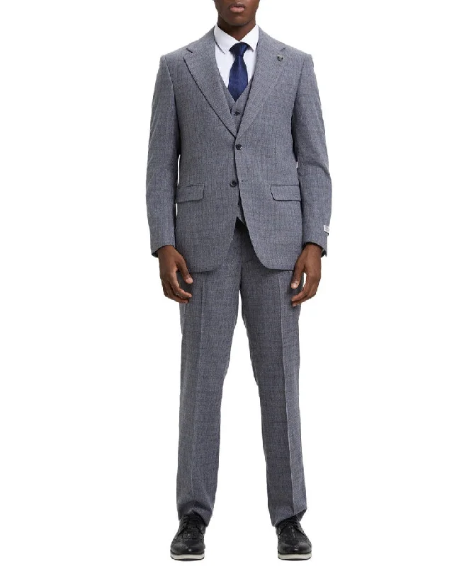 Street Casual Stacy Adams 3 Piece Suit Glen Plaid Hybrid Fit Notch Lapel in Grey with Adjustable Waistband