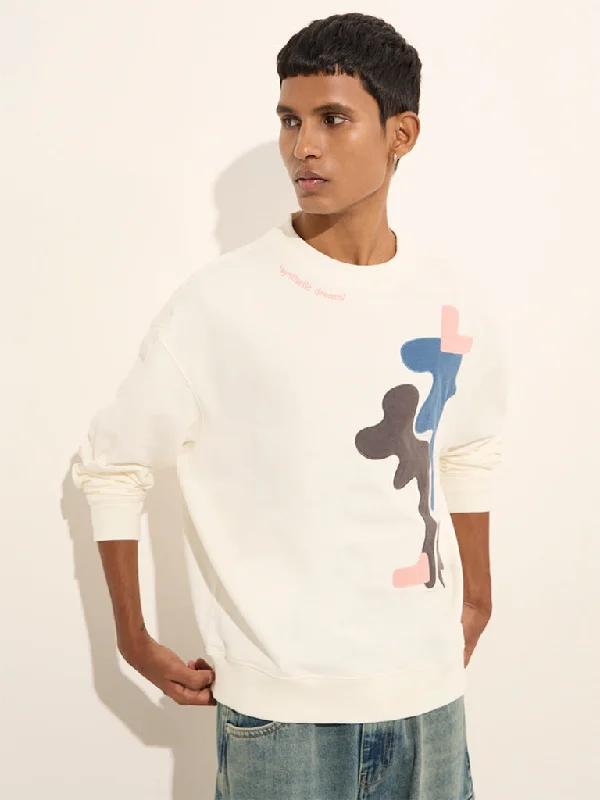 Stylish Hats Nuon Off-White Abstract Print Relaxed-Fit Cotton Sweatshirt