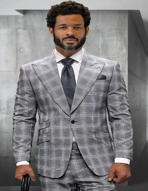 Jogging Jackets Mens 3 Piece 100 Percent Wool Suit - Affordable Italian Super 150's Fabric in Plaid Texture Fabric in Color Grey - Online Special