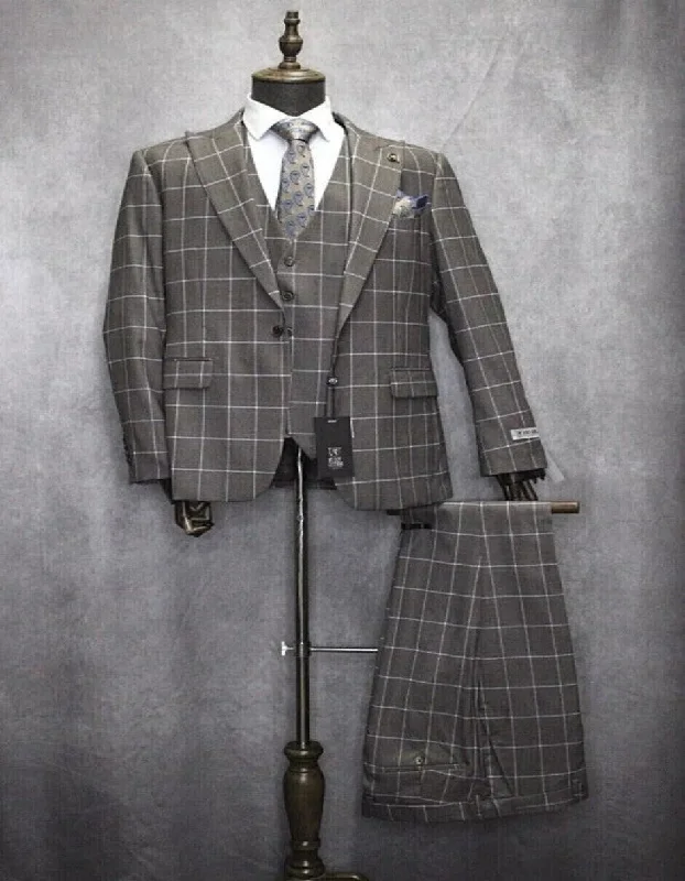 Casual Jackets Mens One Button Peak Lapel Plaid Pattern Suit Tan ~ White ~ Blue