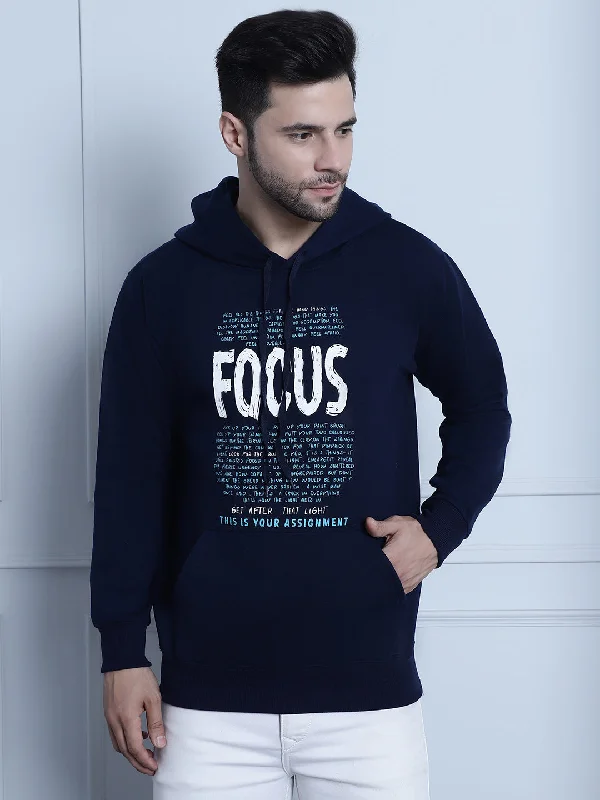 Casual Polos Vimal Jonney Navy Blue Printed Hooded Cotton Fleece Sweatshirt for Men