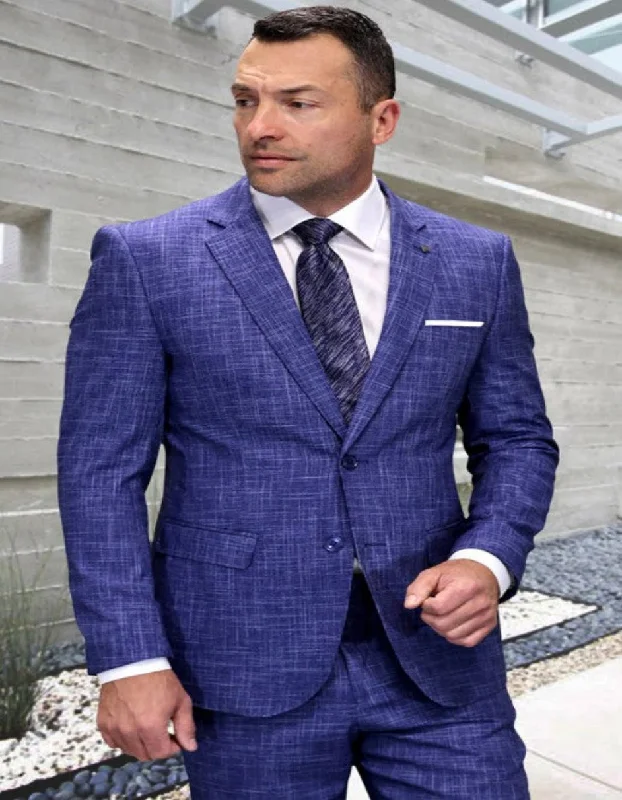 High-end Jackets Mens 3 Piece 100 Percent Wool Suit - Affordable Italian Super 150's Fabric in Plaid Texture Fabric in Color Sapphire - Online Special