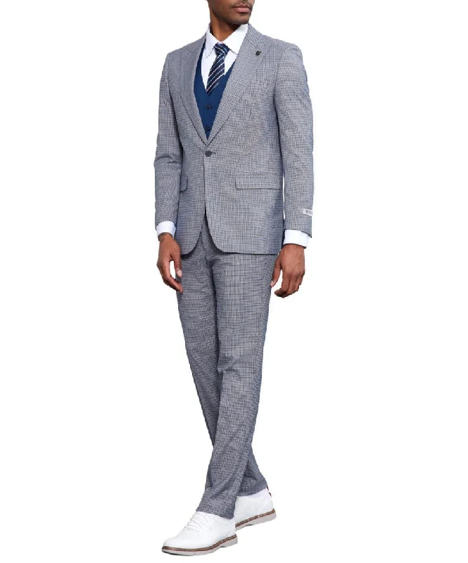 Chinos Style Stacy Adams 3 Piece Suit Glen Plaid Hybrid Fit Peak Lapel in Grey