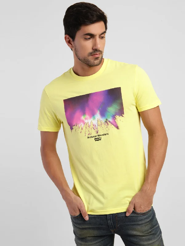 Athleisure Wear Men's Abstract Print Crew Neck T-shirt Yellow