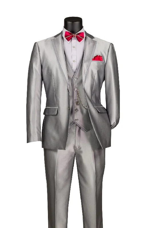 Denim Jackets Slim Fit 3 Piece Satin Suit in Silver