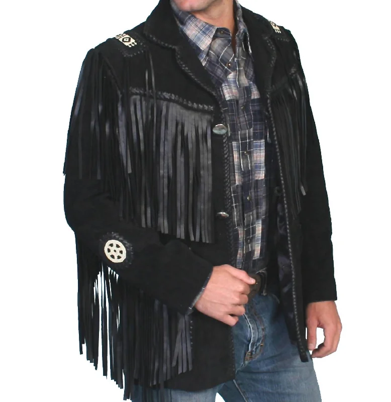 Slim-fit Shirts Fringe Suede Leather Jacket In Black