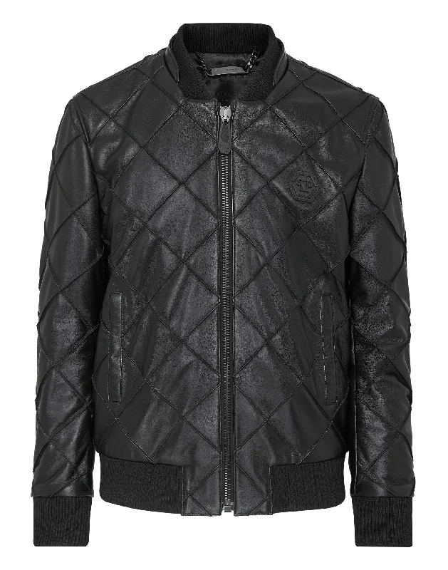 High-neck Sweaters Leather Bomber Statement