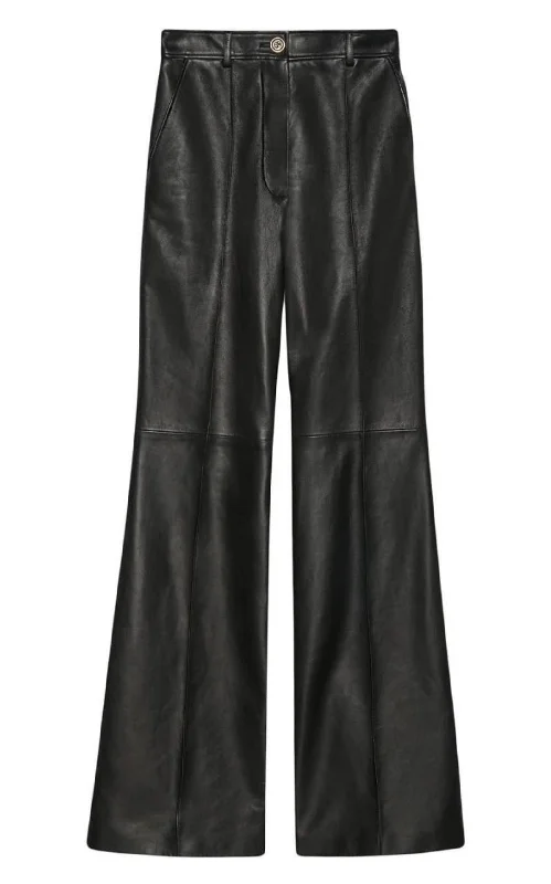 Street Denim Black Plonge Leather Flare Trousers