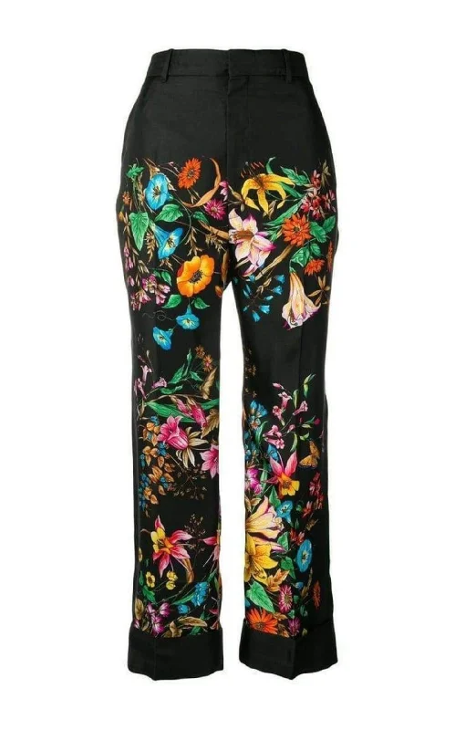 Urban Style Floral Print Cropped Silk Trousers Pants