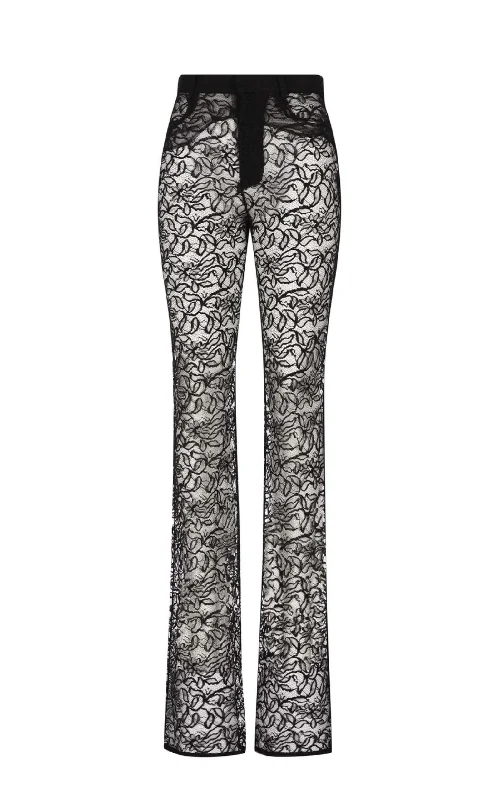 Wool Suits Straight Black Floral Lace Pants