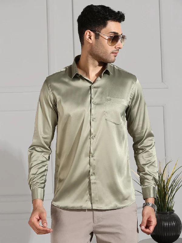 Casual Cardigans Men Stretch Poly Shirt Olive Green PS1