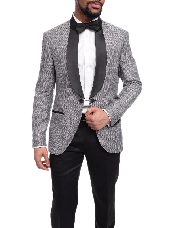 Office Attire Cemden Slim Fit Silver Link Front Satin Tuxedo Suit Mandarin Collar Shawl Lapels