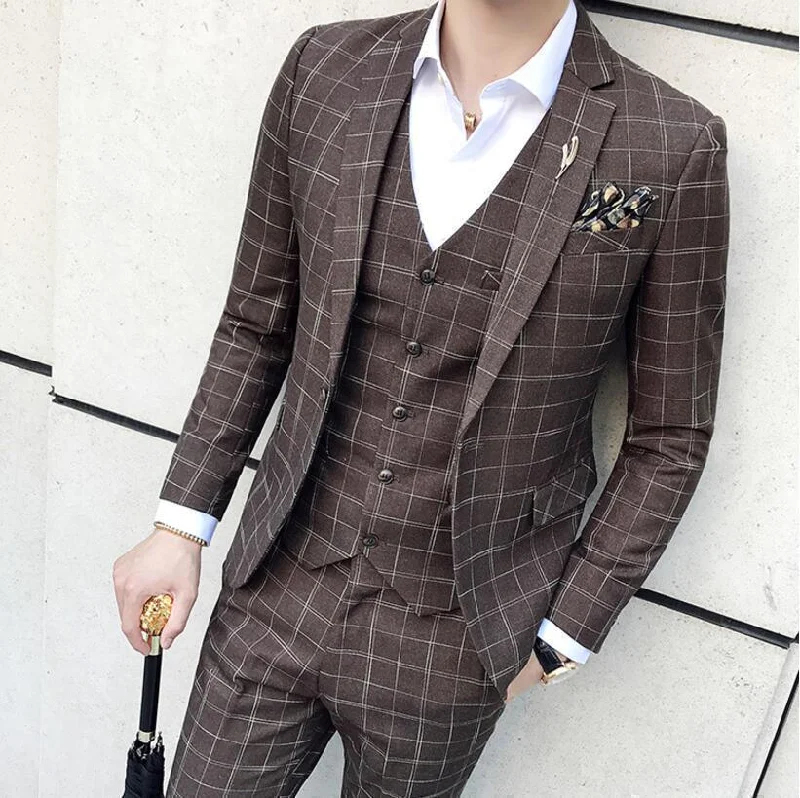 Athleisure Wear Elegant Brown Plaid Three Piece Suit