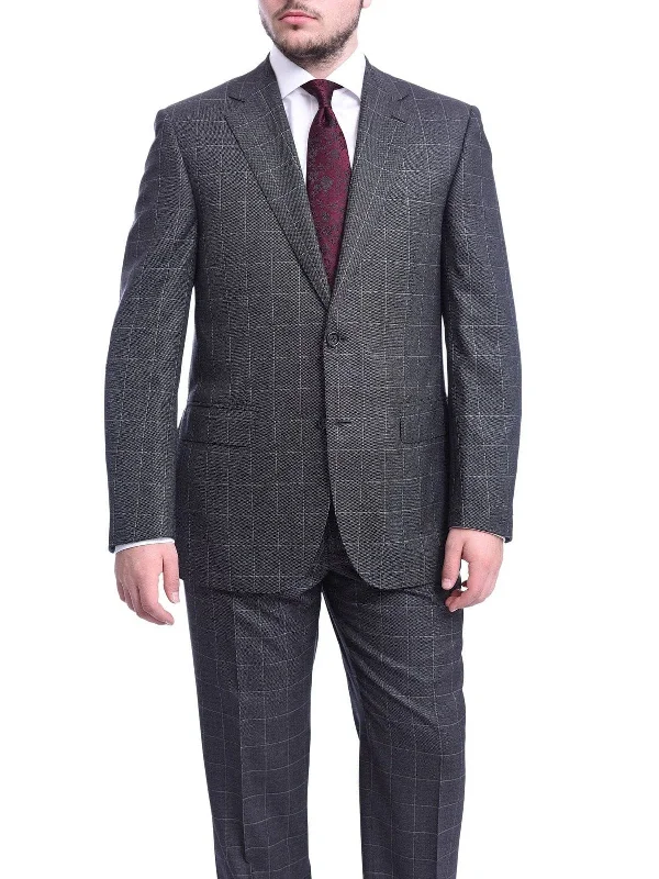 Printed Trousers Men's Napoli Classic Fit Charcoal Gray Plaid Two Button Half Canvassed Wool Suit