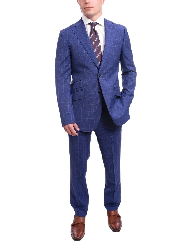 Slim Fit Suits Men's Napoli Slim Fit Blue Glen Plaid 2 Button Super 150s 100% Italian Wool Suit