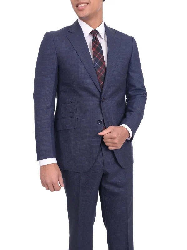 Relaxed Shirts Mens Napoli Slim Fit Navy Blue Check Half Canvassed Super 150s Wool Suit