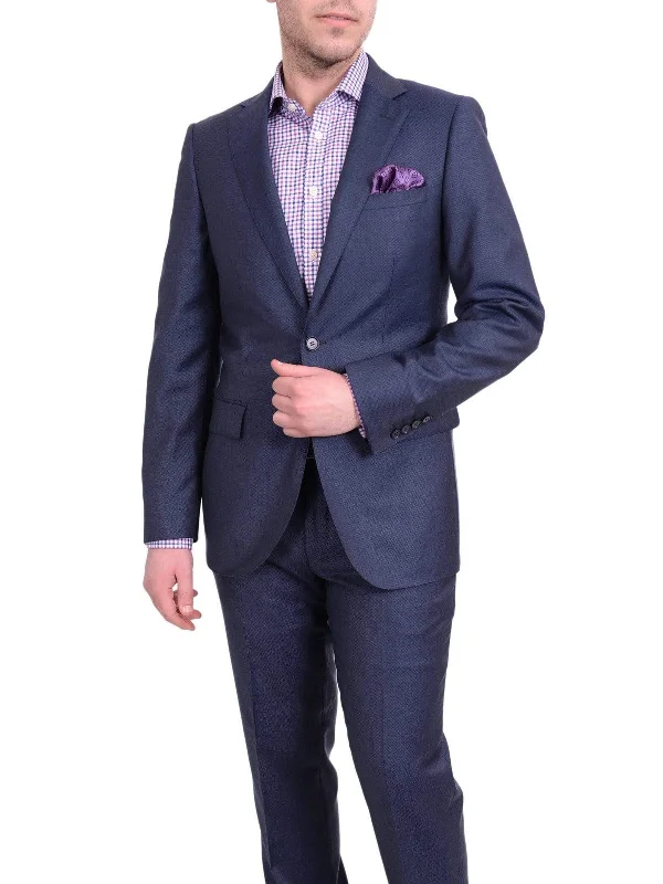 Preppy Pants Mens Slim Fit Navy Blue Textured Two Button Wool Suit