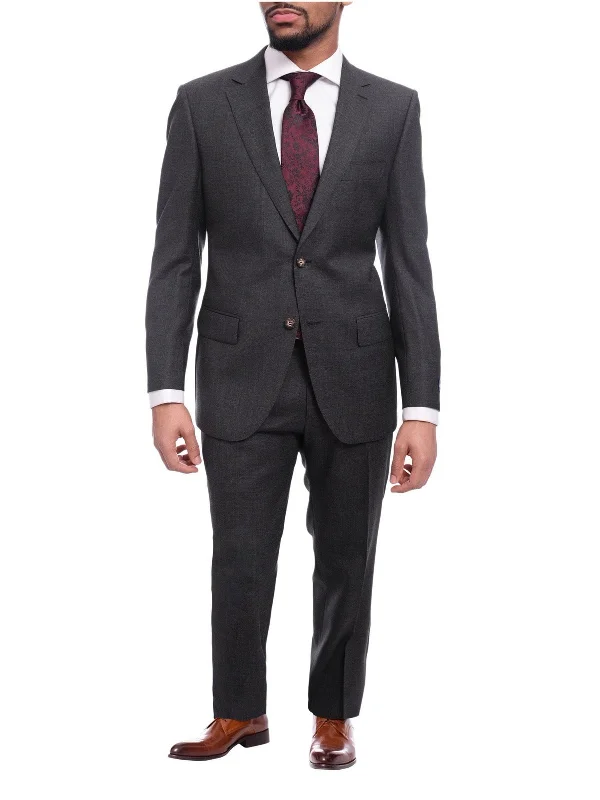 Statement Jackets Napoli Classic Fit Textured Charcoal Gray Two Button Half Canvassed Wool Suit