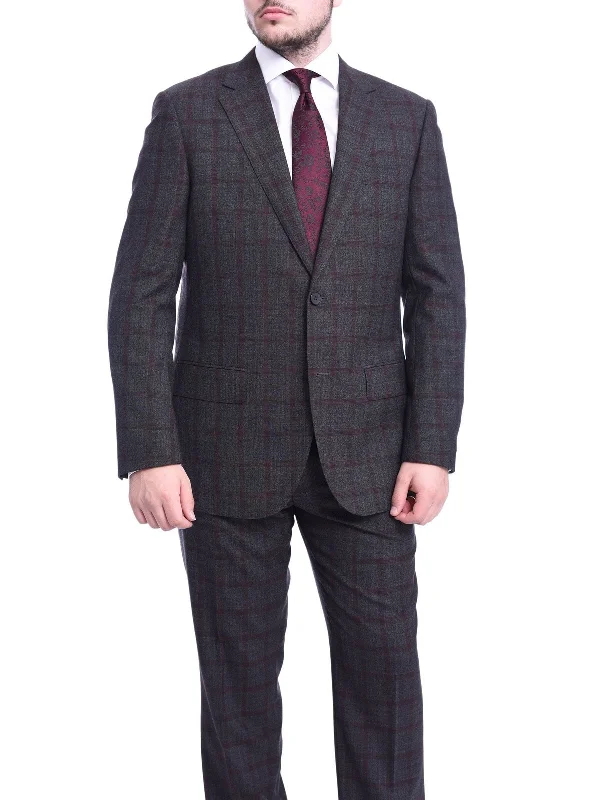 Layered Jackets Napoli Classic Fit Gray & Red Glen Plaid Half Canvassed Super 150s Wool Suit