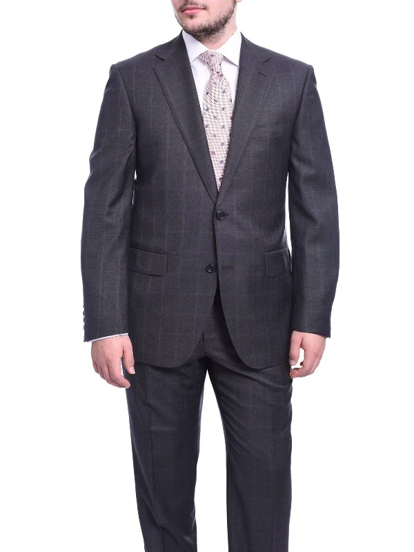 Sporty Jackets Napoli Classic Fit Gray Windowpane Plaid Half Canvassed Reda Wool Suit