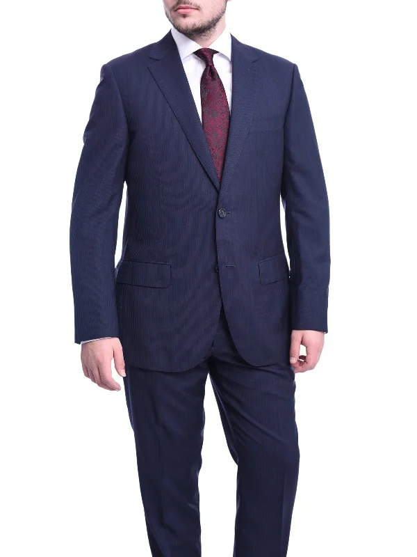 High-neck Sweaters Napoli Classic Fit Navy Blue Tonal Striped Half Canvassed Guabello Wool Suit