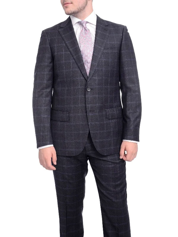 Wool Sweaters Napoli Classic Fit Navy Blue Windowpane Half Canvassed Super 150s Wool Suit