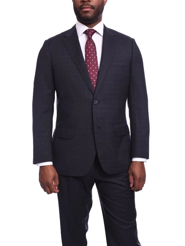 Casual Cardigans Napoli Classic Fit Navy Windowpane Plaid Half Canvassed Guabello Wool Suit