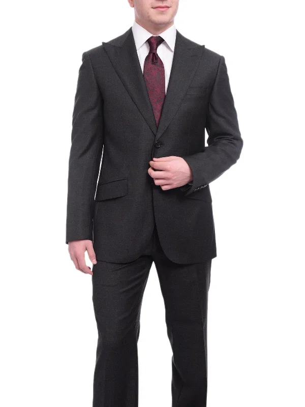 Funky Prints Napoli Classic Fit Solid Charcoal Gray Wool Cashmere Blend Suit Wide Peak Lapels