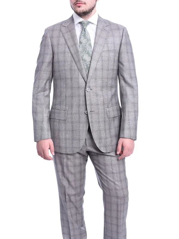 Leather Sneakers Napoli Classic Fit Taupe Plaid Half Canvassed Tallia Delfino Wool Suit