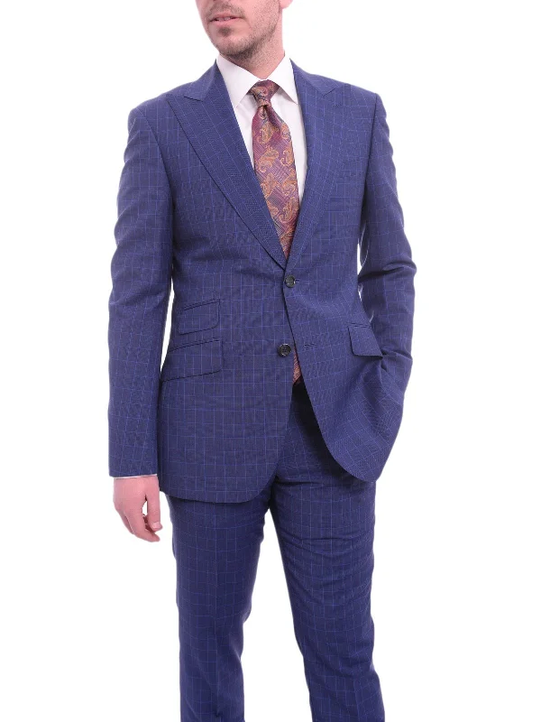 Sports Tights Napoli Slim Fit Blue Glen Plaid Half Canvassed Wool Suit Wide Peak Lapels