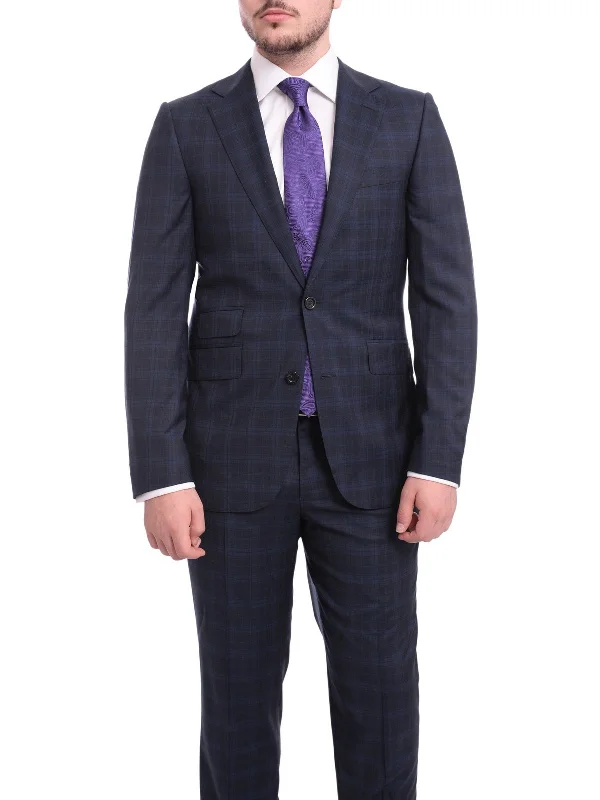 Casual Blazers Napoli Slim Fit Blue Plaid Half Canvassed Super 120s Guabello Wool Suit