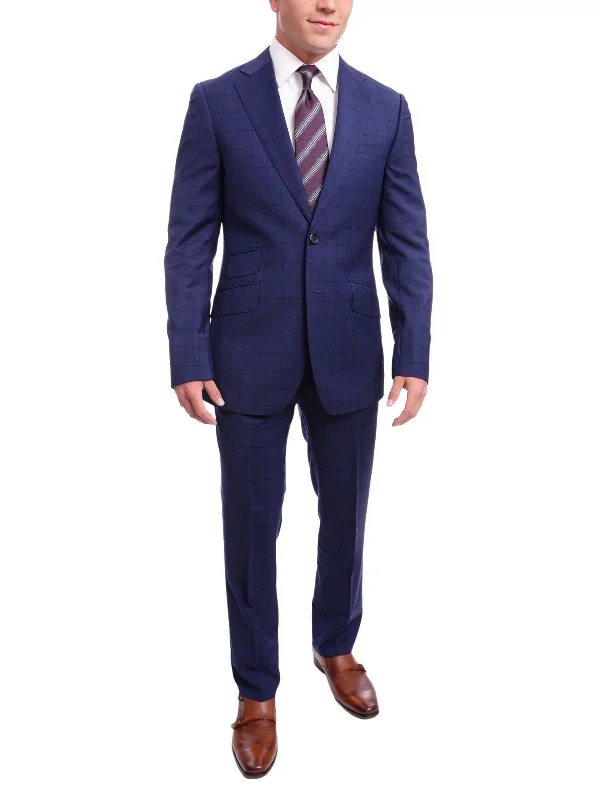 Relaxed Trousers Napoli Slim Fit Blue Plaid Windowpane Two Button Half Canvassed 100% Wool Suit