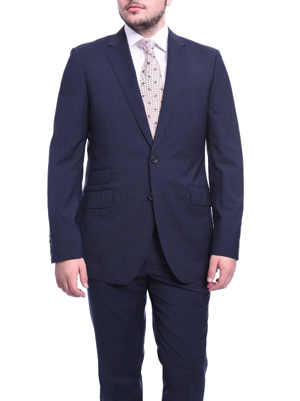 Wool Suits Napoli Slim Fit Blue Plaid Windowpane Two Button Half Canvassed Wool Suit