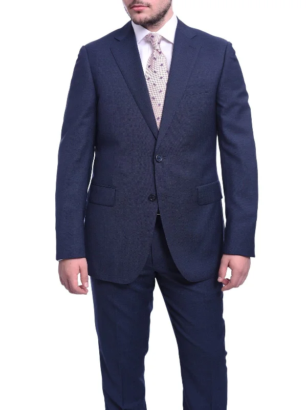 Casual Polos Napoli Slim Fit Blue Textured Two Button Half Canvassed Wool Suit