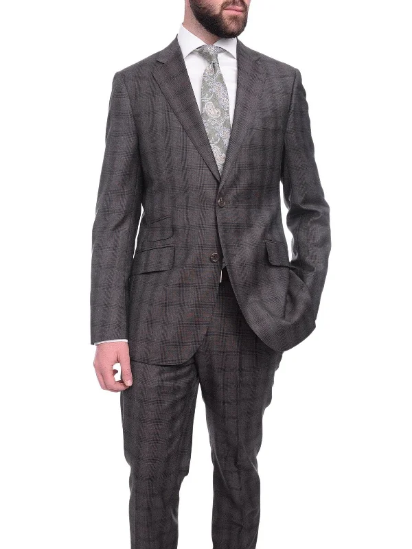 Sporty Looks Napoli Slim Fit Brown Glen Plaid Half Canvassed Reda Wool Suit Slanted Pockets