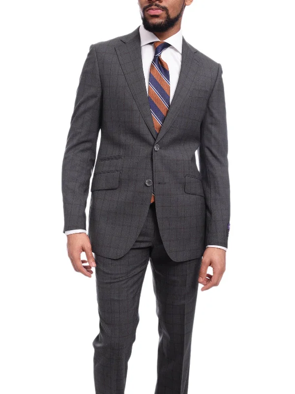 Polo Shirts Napoli Slim Fit Charcoal Gray & Brown Plaid Half Canvassed Super 150s Wool Suit