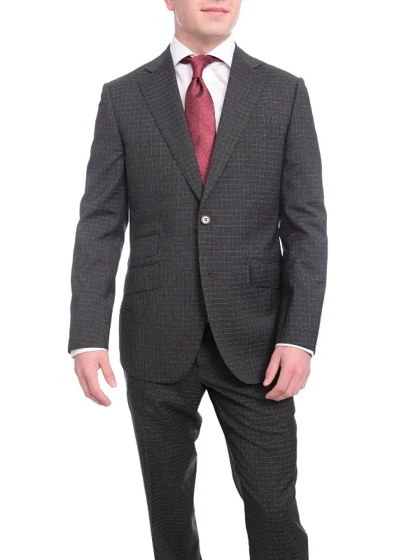 Business Casual Napoli Slim Fit Charcoal Gray Check Two Button Half Canvassed Tollegno Wool Suit