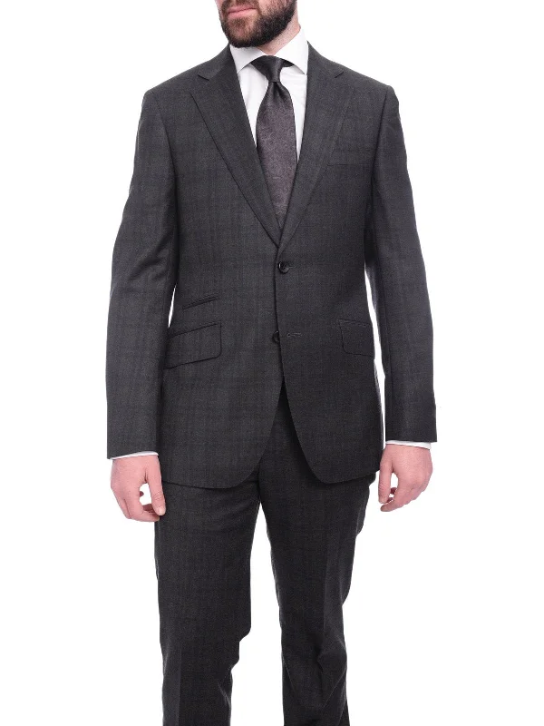 Tailored Trousers Napoli Slim Fit Charcoal Gray & Purple Plaid Half Canvassed Super 150s Wool Suit