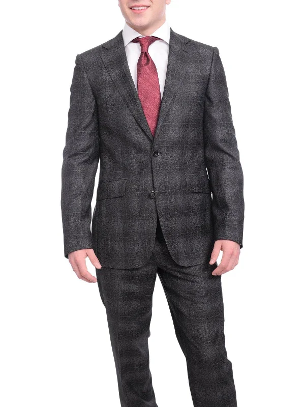 Leather Jackets Napoli Slim Fit Charcoal Gray Windowpane Plaid Half Canvassed Wool Suit